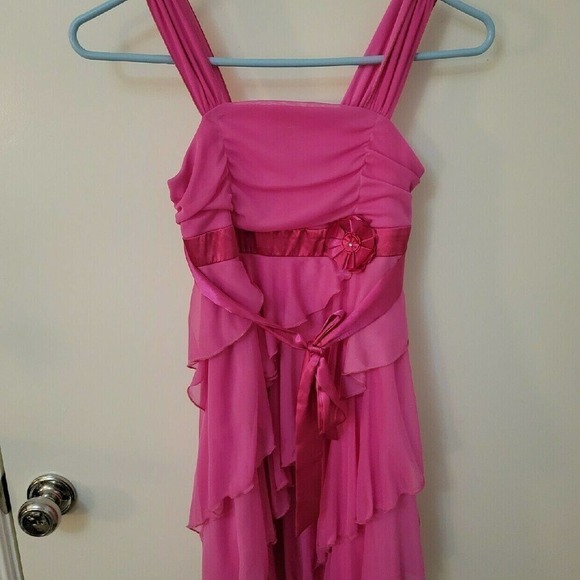 AMY BYER Hot Pink Satin Cascade Bow Tie Waist Ruffle Dress - Picture 3 of 5